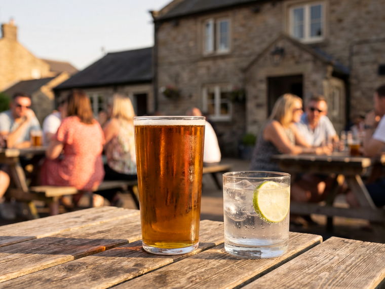 Customers in the garden of a stone country pub on a summer evening