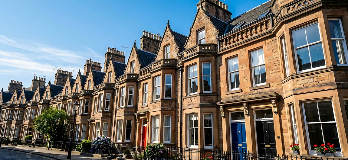 A terrace of Victorian sandstone townhouses