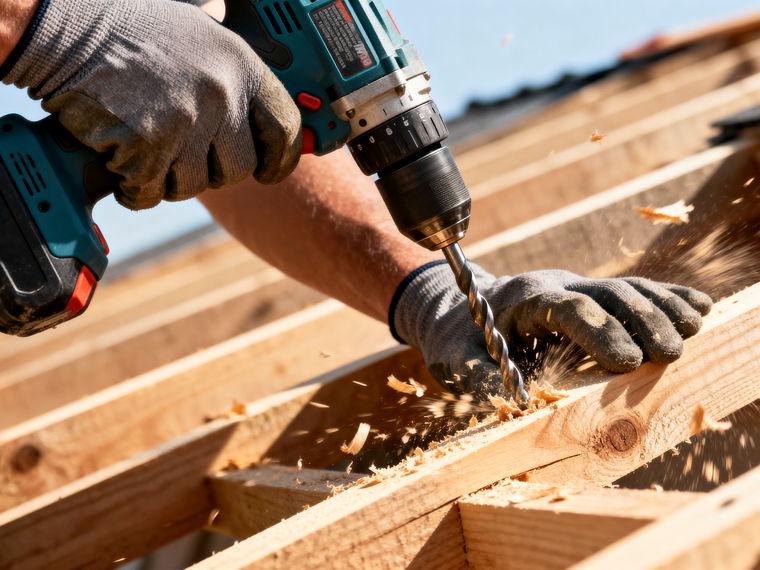 A joiner drilling roof timbers on site